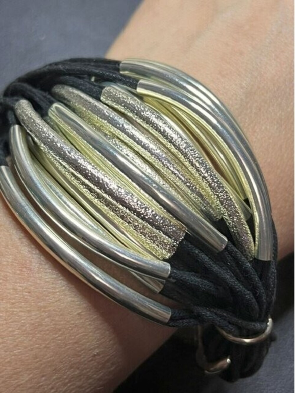B5781 SAACHI Multi Strand Bracelet Tube Beads Black Cord Silver Tone 7.5"